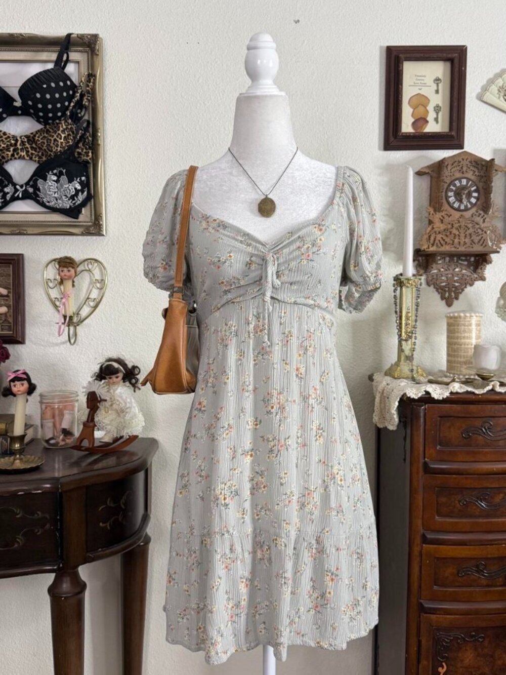 Dainty whimsical fairy grunge cottagecore sage green floral puff sleeve babydoll